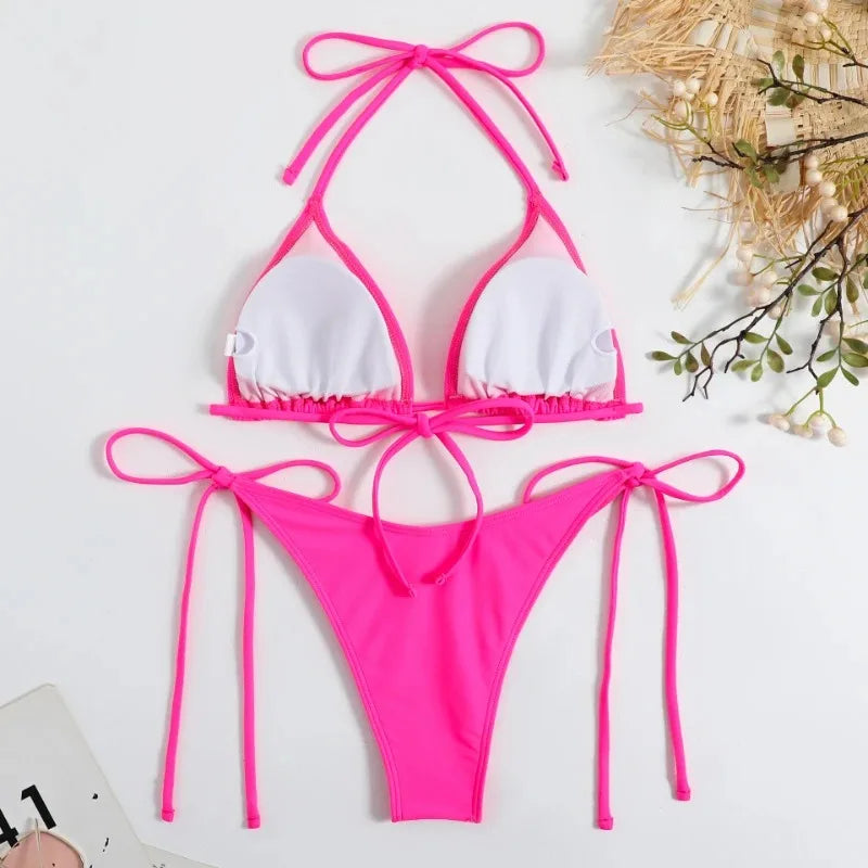 Sexy Women Thong Solid Color Bikini Set Side Halter Tie Swimsuit