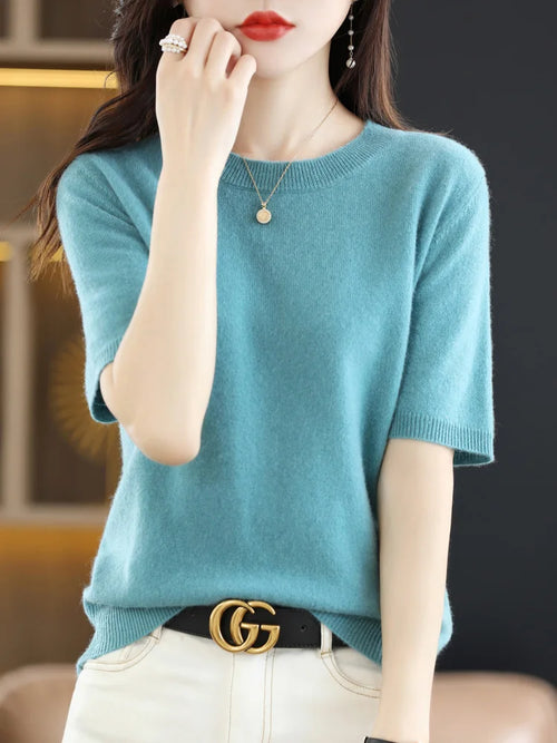 New Short-sleeved Knitwear Women O-neck T-shirt Wool Cotton Blend