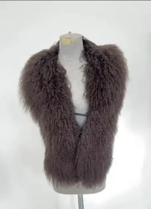 Fluffy Luxury  Real Mongolian Fur Halter Vests Women Solid Deep V-Neck