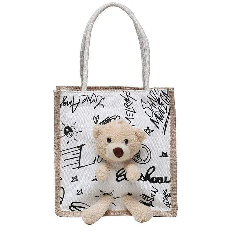 Girls Simple Cute Bear Handbag Ladies Fashion Commuter Canvas Bag