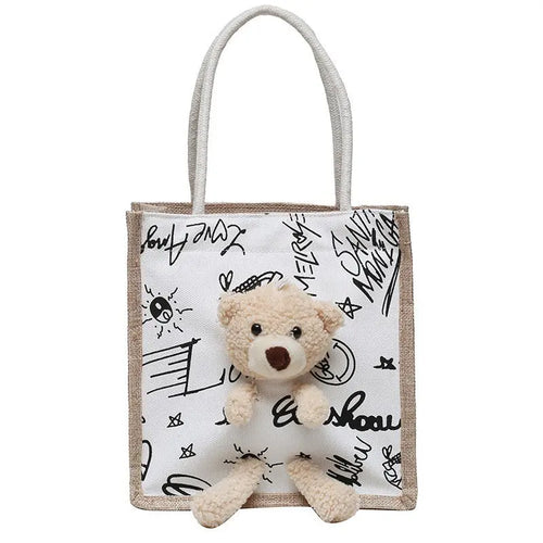 Girls Simple Cute Bear Handbag Ladies Fashion Commuter Canvas Bag