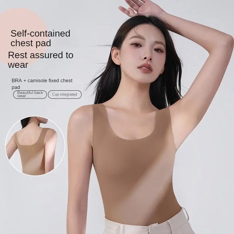 2PCS/Lot Silk Seamless Tank Top with Fixed Chest Pad Women's Camisole