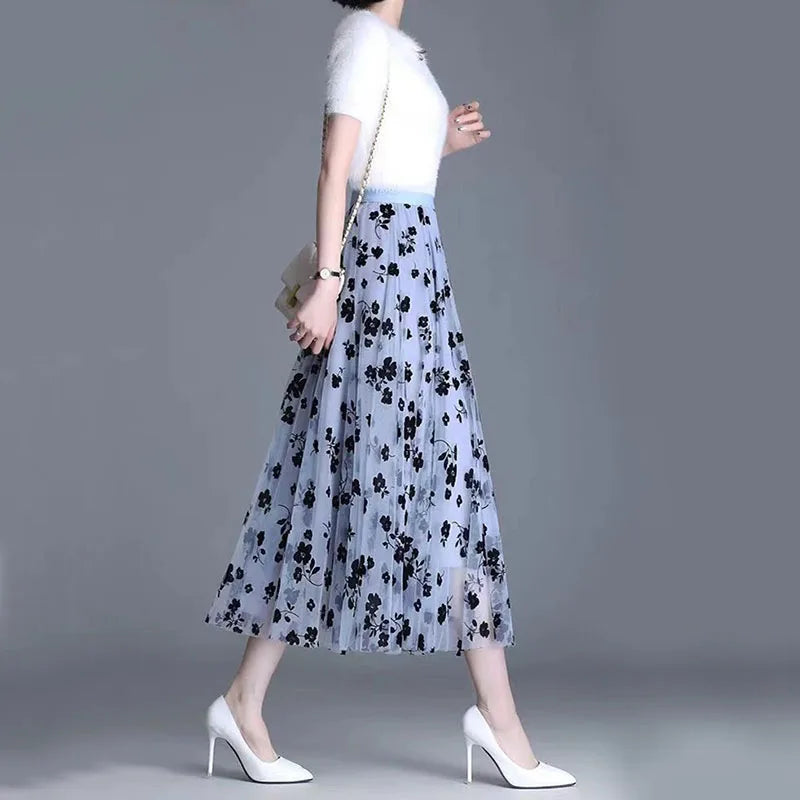 GIDYQ Korean Women Mesh Skirt Fashion Hook Flower Loose Midi Skirt