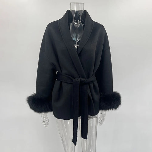 TARUXY Fox Fur Woolen Coats Women's Short Coat Office Lady Removable