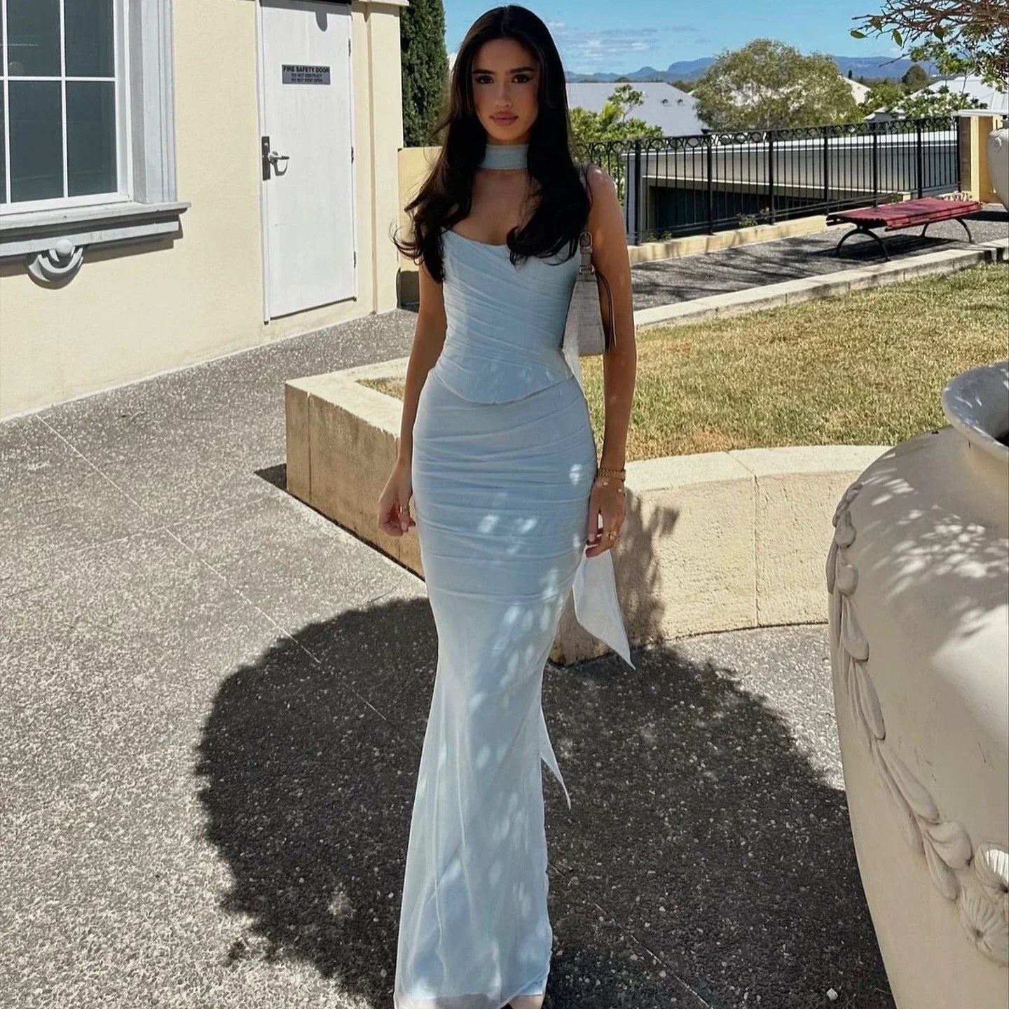 Mingmingxi Elegant Maxi Wedding Guest Dress Set Sexy Strapless Blue