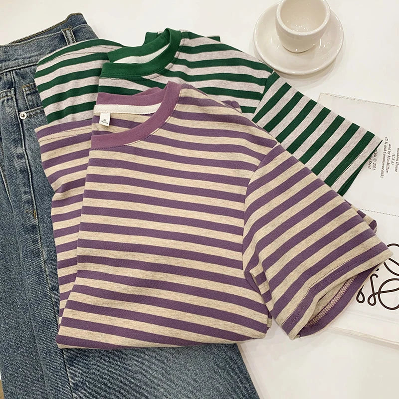 Summer Short Sleeve Striped T-Shirts Versatile Women Knitted Basic
