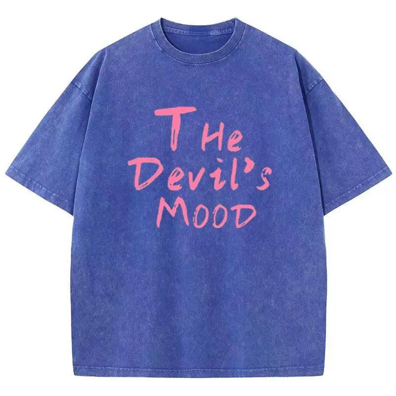 Fashion Womans Cotton Washed T-shirts The Devil's Moon Letter Prints