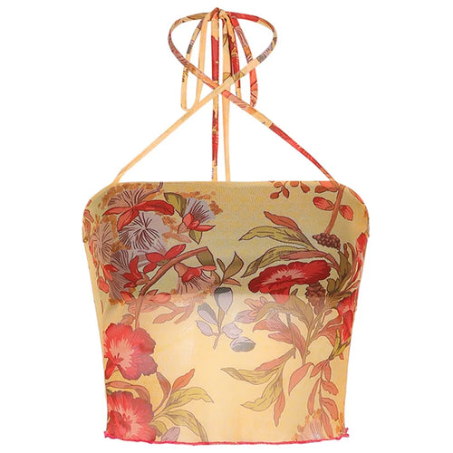 Y2K Mesh Sheer Floral T-shirt Vintage halter Tops Women Sleeveless
