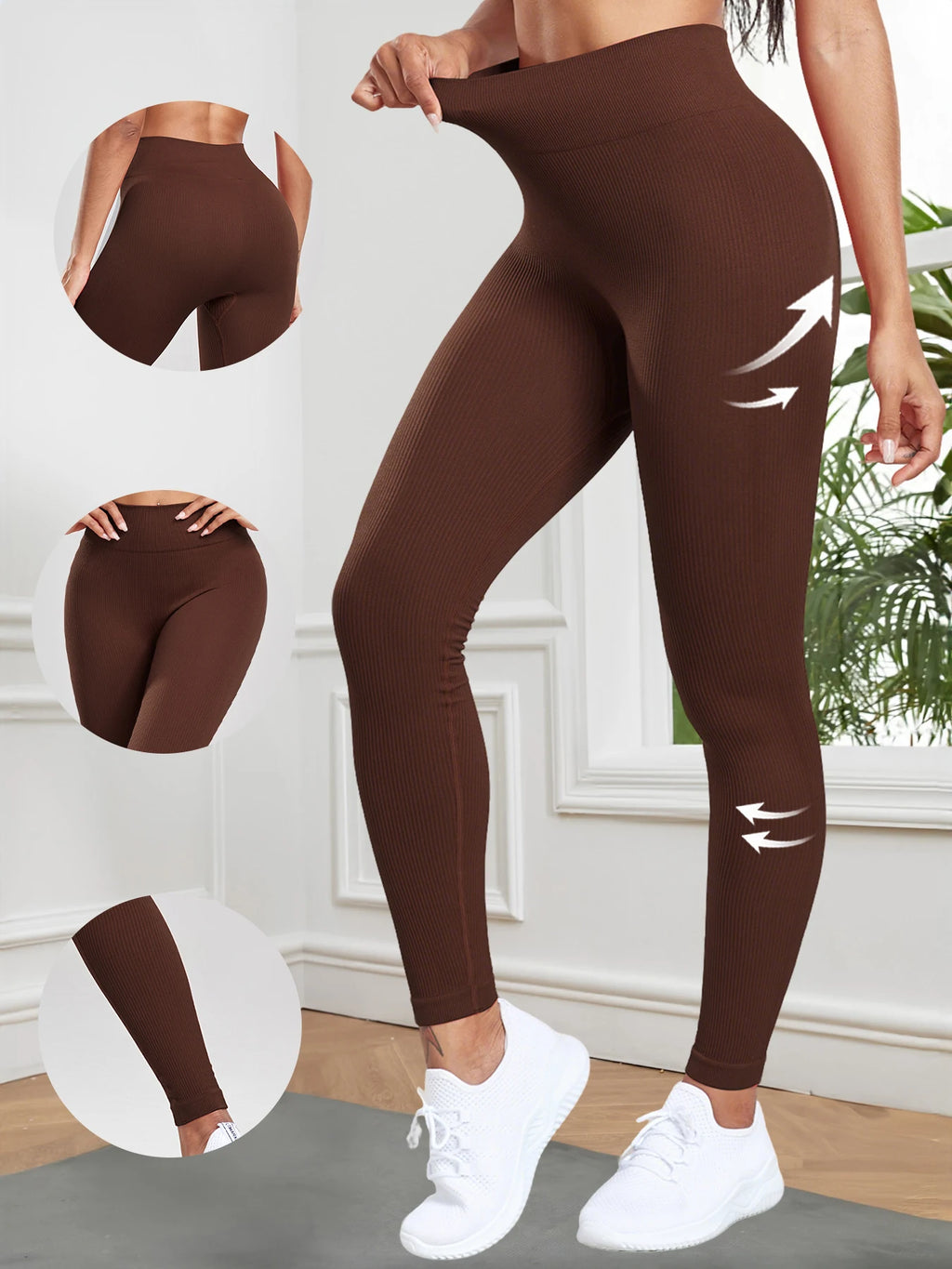 Women Seamless Ribbed Leggings High Waist Butt Lifting Workout Tights
