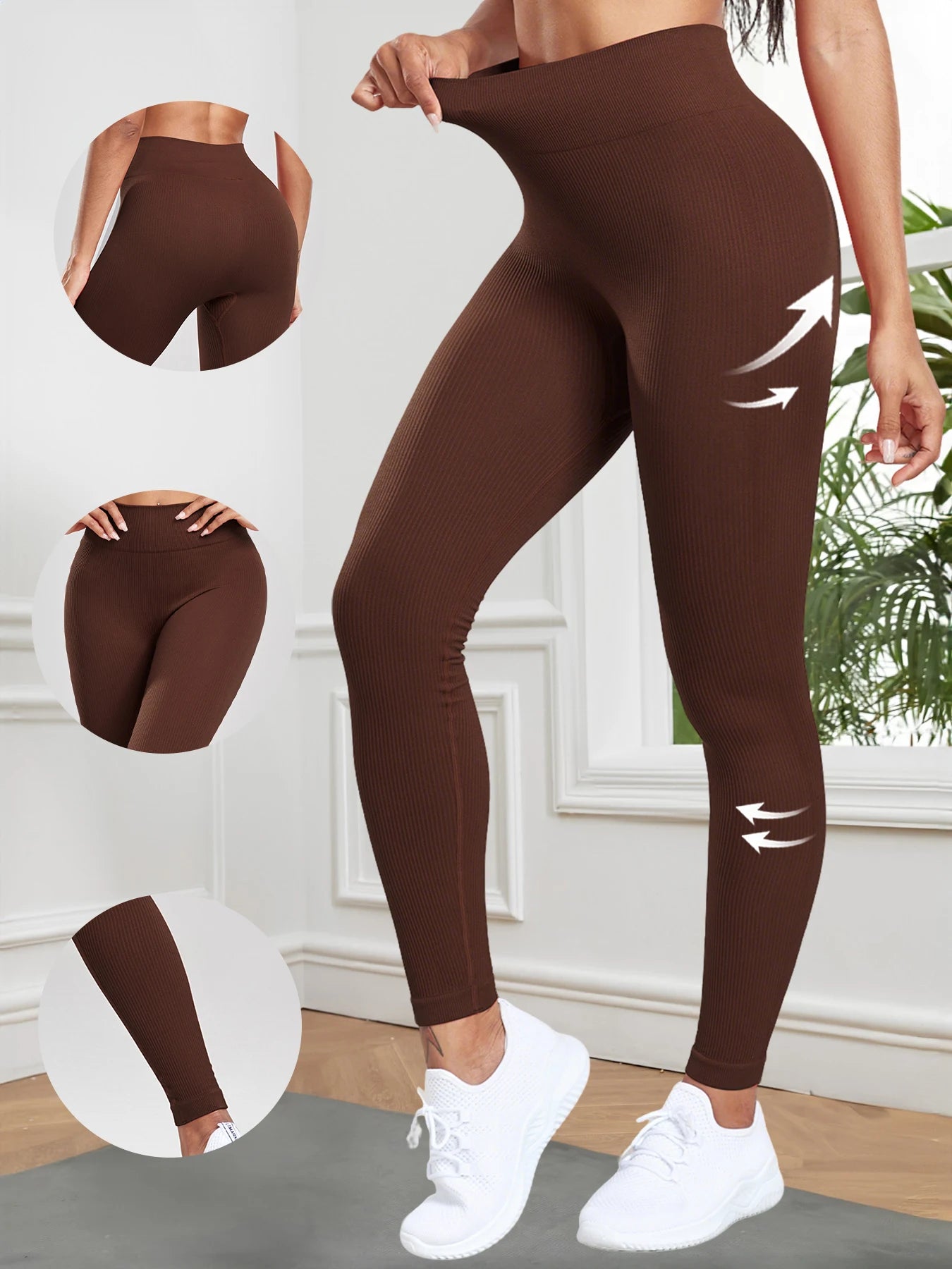 Women Seamless Ribbed Leggings High Waist Butt Lifting Workout Tights
