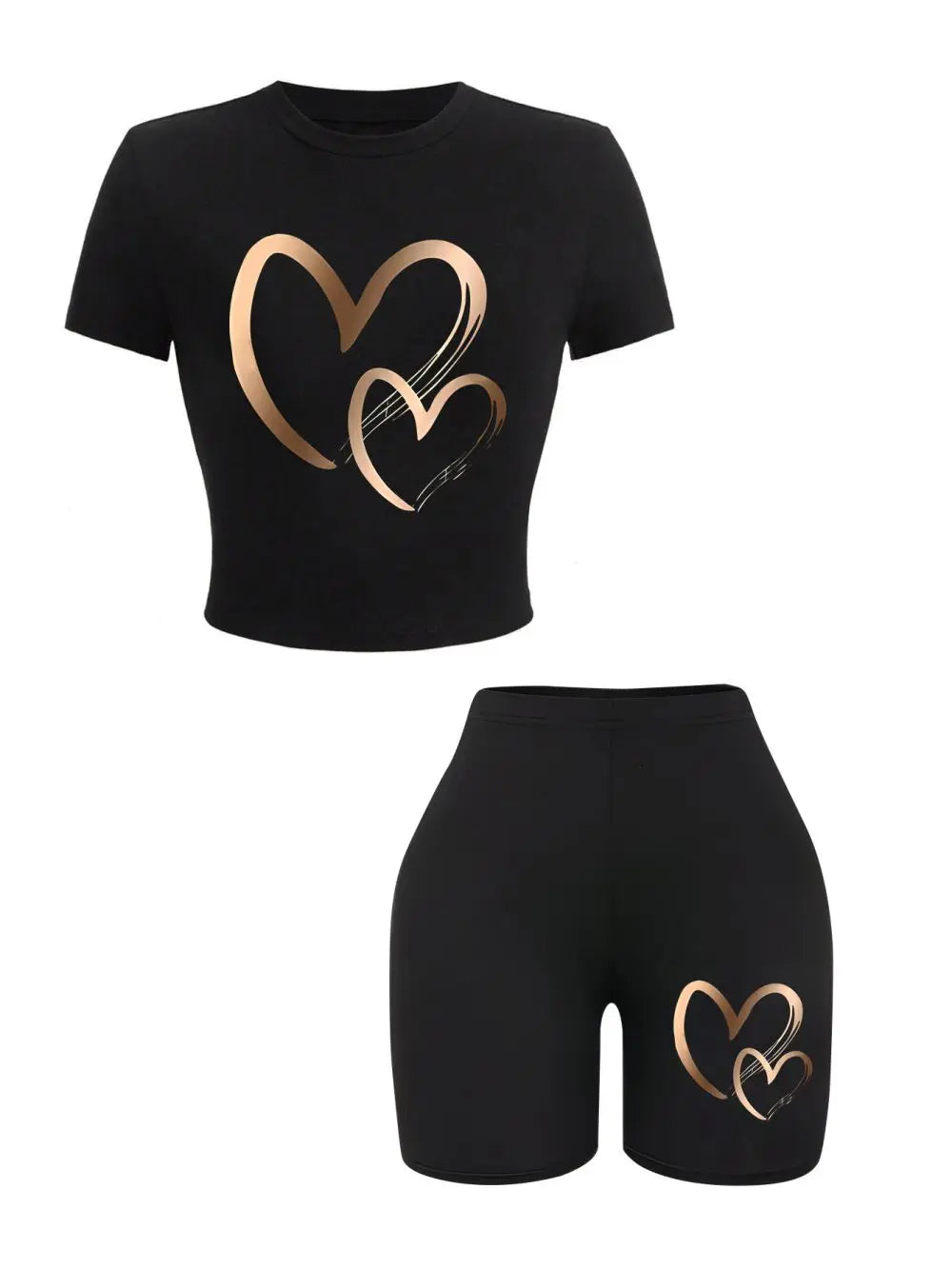 Summer Women Slim-fit T-Shirts & Shorts 2 Pieces Set Simple Hearts
