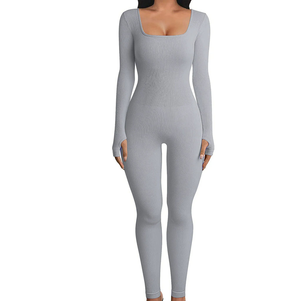 Solid Color Ribbed Yoga Jumpsuit, Seamless Slim Fit Long Sleeve Sports