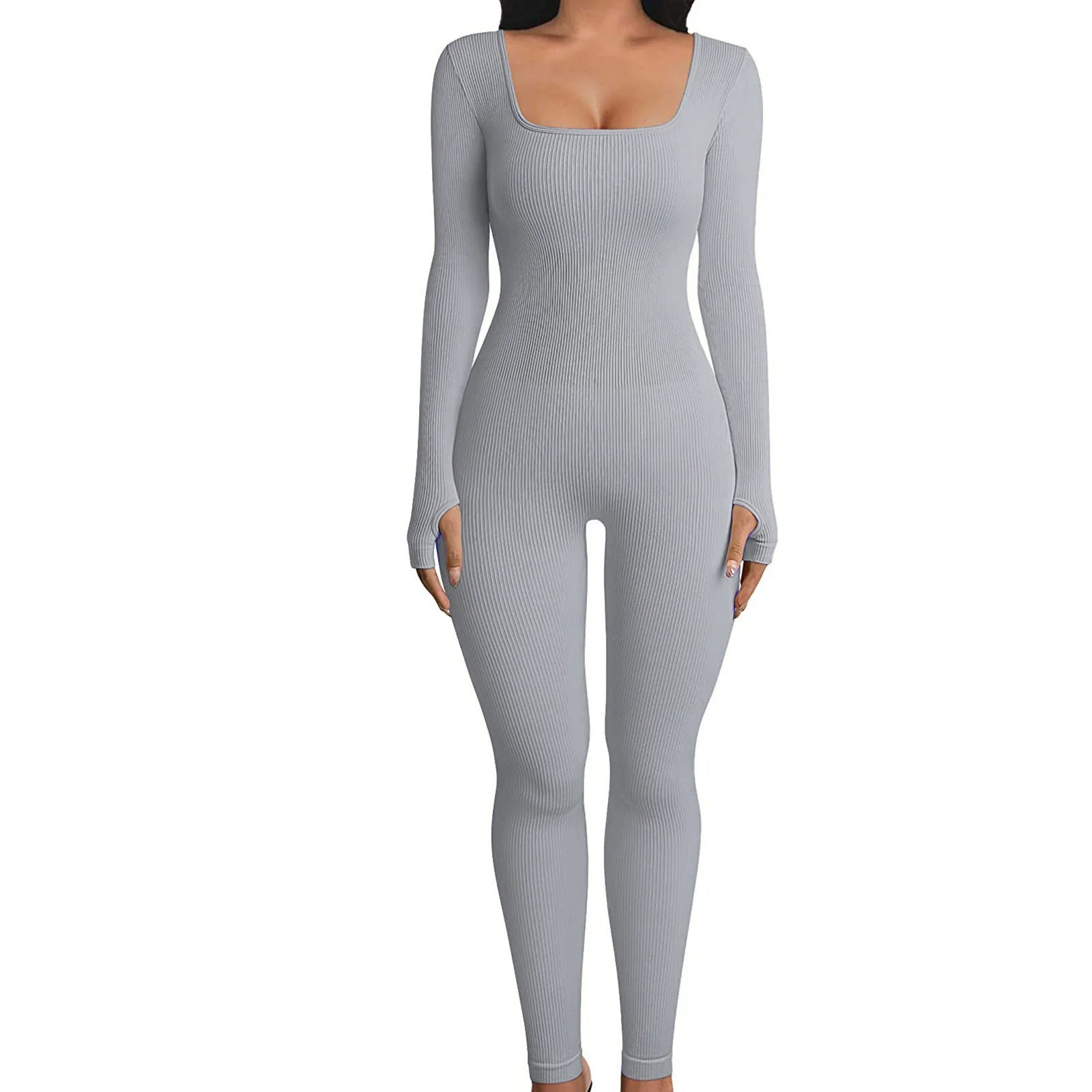 Solid Color Ribbed Yoga Jumpsuit, Seamless Slim Fit Long Sleeve Sports