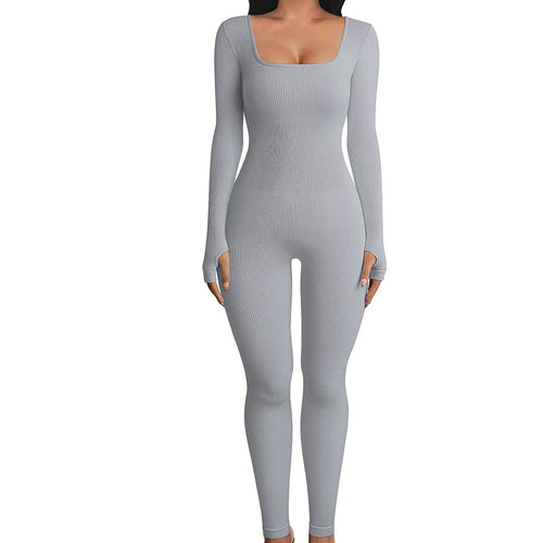 Solid Color Ribbed Yoga Jumpsuit, Seamless Slim Fit Long Sleeve Sports
