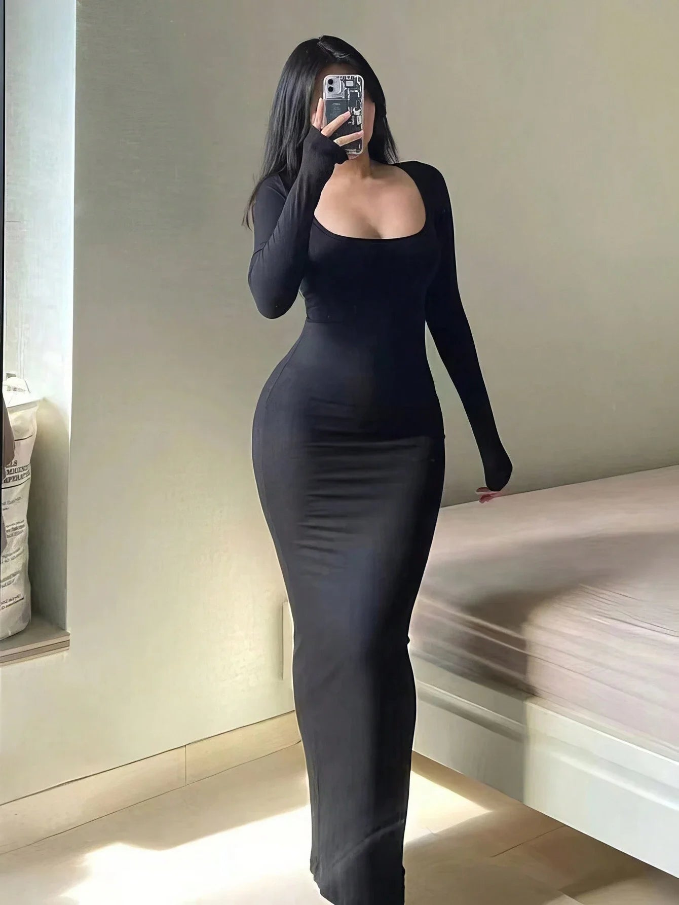 Women's Solid Long Sleeve Bodycon Dress, Chic Basic Minimalist Causual