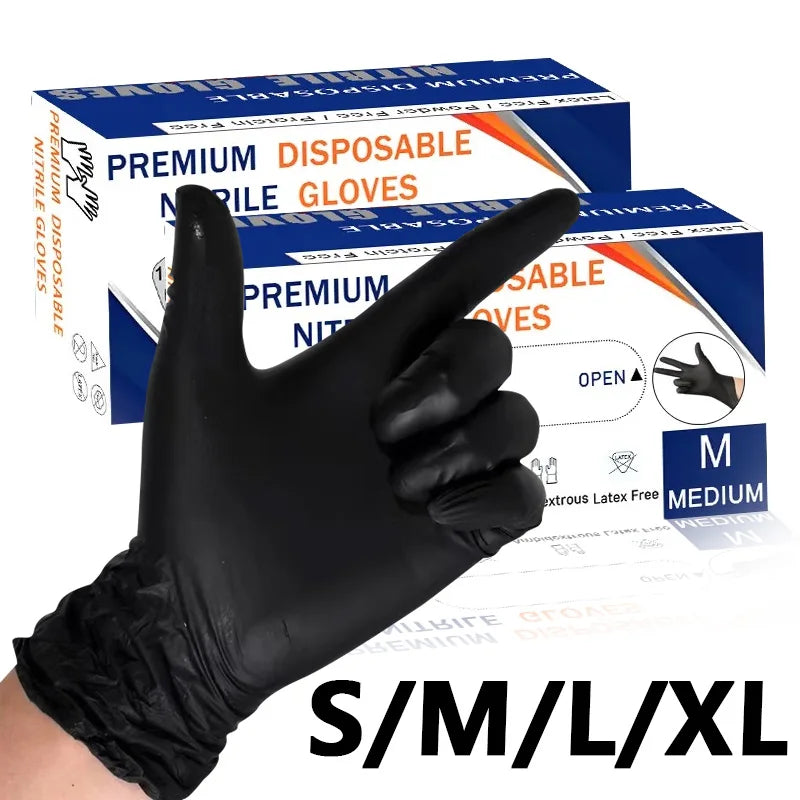 50/100PCS Black Nitrile Gloves Powder Free Waterproof Disposable