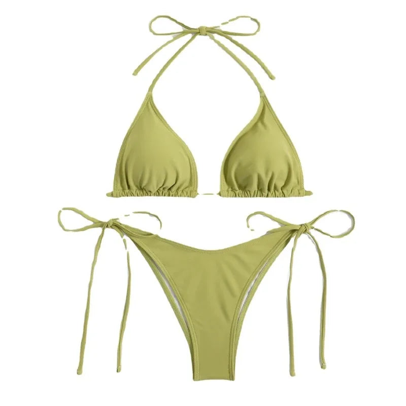 Sexy Women Thong Solid Color Bikini Set Side Halter Tie Swimsuit
