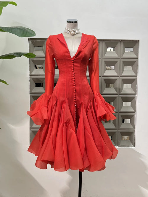 TWOTWINSTYLE Solid Spliced Button Slimming Dresses For Women O Neck
