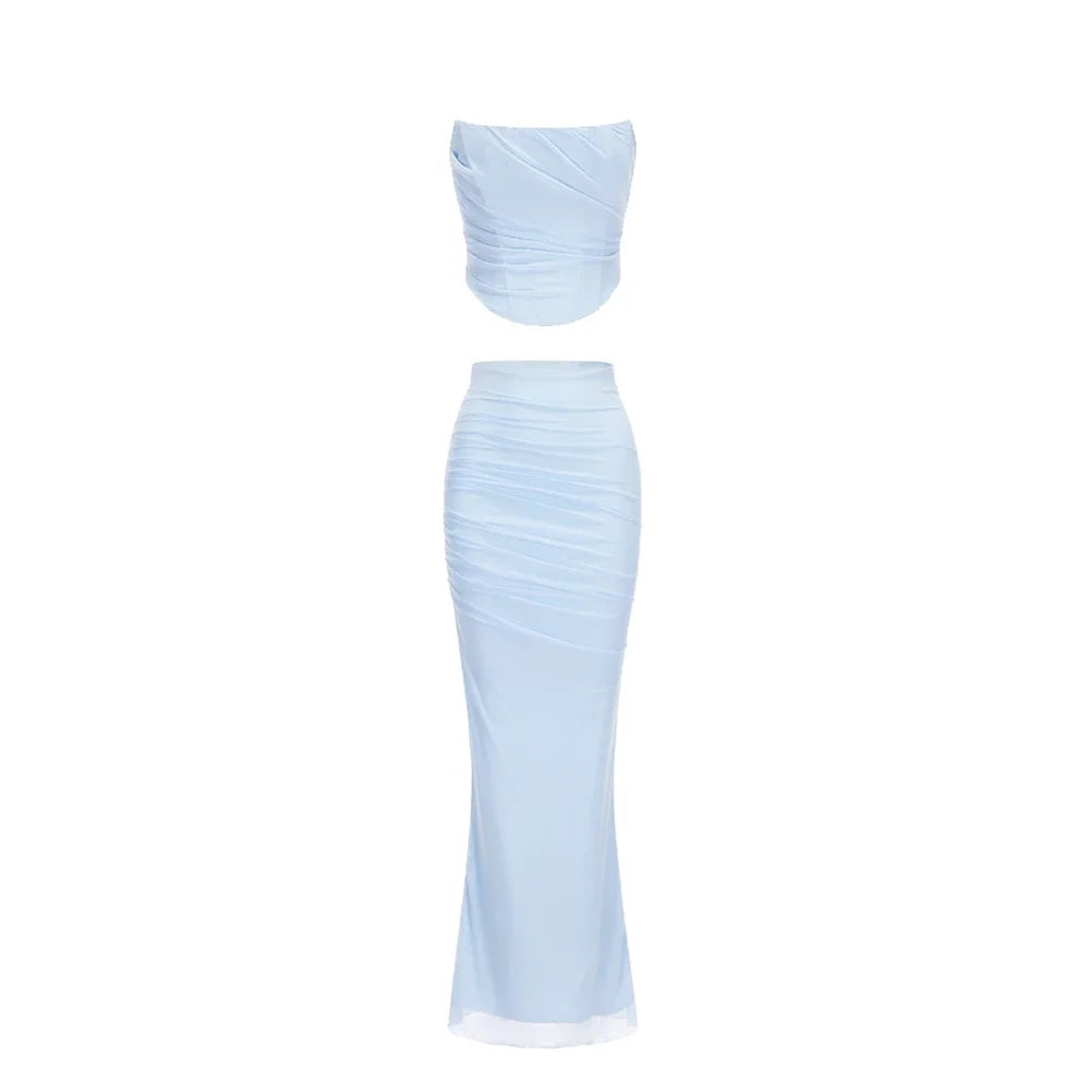 Mingmingxi Elegant Maxi Wedding Guest Dress Set Sexy Strapless Blue