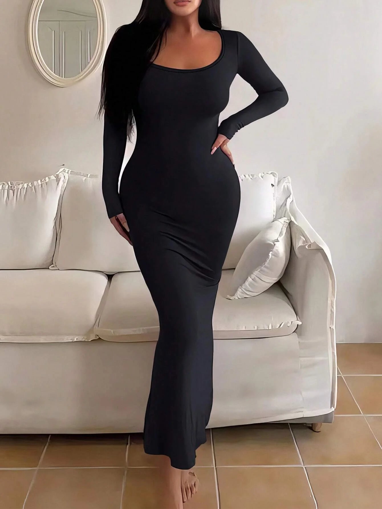 Women's Solid Long Sleeve Bodycon Dress, Chic Basic Minimalist Causual