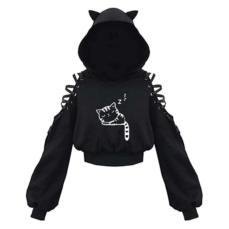Y2k Gothic Womens Hoodie Cat Ear Crop Top Hooded Sweatshirt Hollow Out
