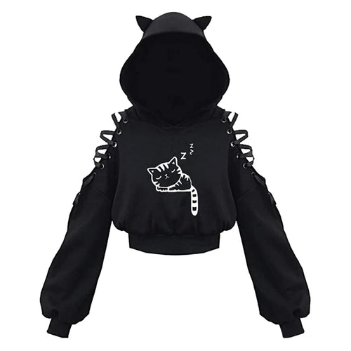 Y2k Gothic Womens Hoodie Cat Ear Crop Top Hooded Sweatshirt Hollow Out