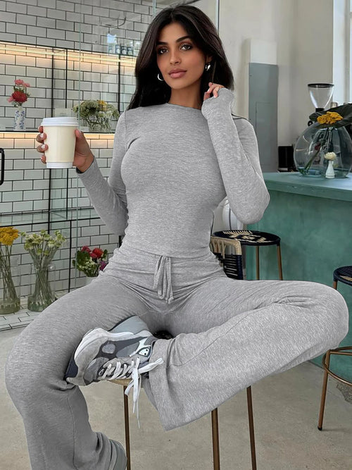 Dulzura Women’S Casual 2 Piece Pants Set Long Sleeves Bodycon Crop Top