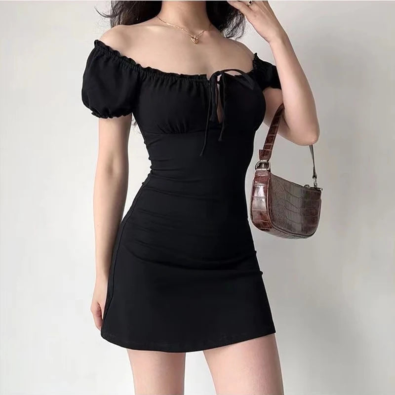 Summer Sexy Mini Dress Women Short Sleeved Lace up Hollow Casual