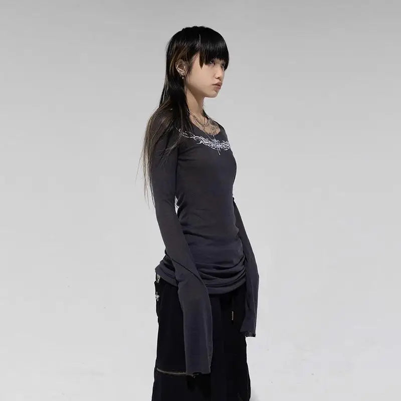 Seeslim Gothic Graphic T Shirts Women Long Sleeve Korean Fashion 2000s