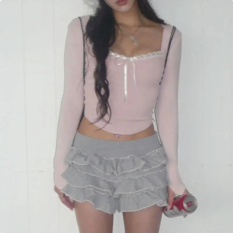 Mooyu Cute Bandage Bow Cropped Top Pink Sweet Coquette Sweet T Shirts