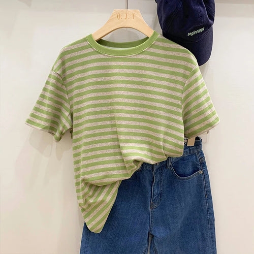 Summer Short Sleeve Striped T-Shirts Versatile Women Knitted Basic