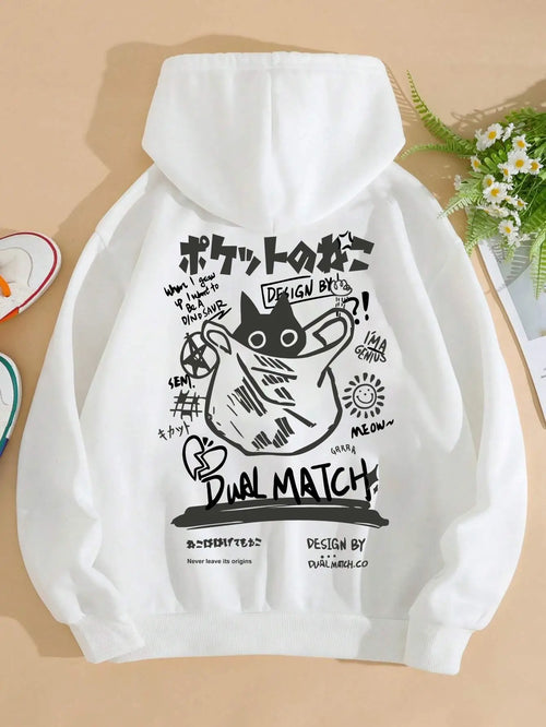 Cute Cat Cartoon Printed Sweatshirt Women Harajuku Casual Loose Hooded