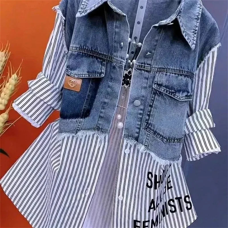 Women Denim Jacket Fake Two Denim Shirts 2024 New Spring Summer Autumn