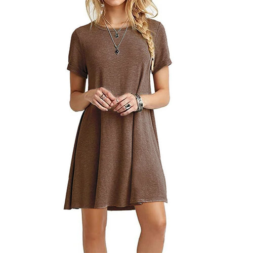 Women Mini Dress Summer Casual Boho Beach Dresses Solid Color O-Neck