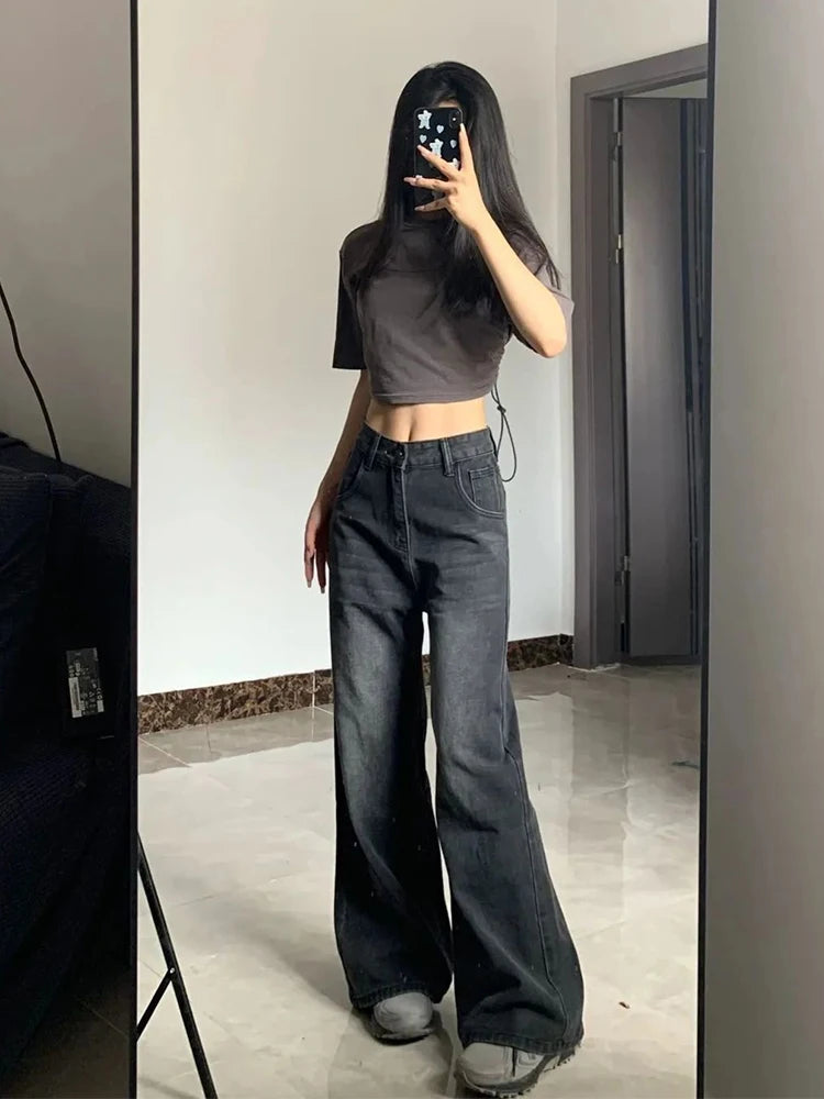 Korean Vintage High Waist Women's Jeans Y2K Slimming Pear-Shaped Loose