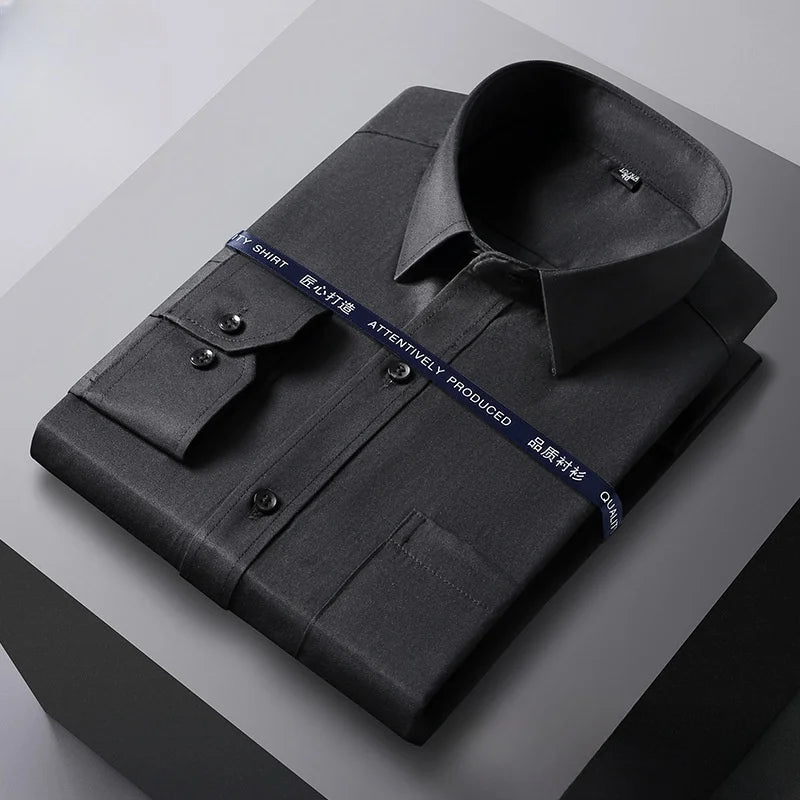 Men Formal Shirt Long Sleeve Office Solid Color Anti-Wrinkle Fashion
