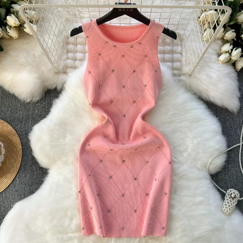 Beading  Summer Women's Knitting Sheath Tank Dress Female Bodycon