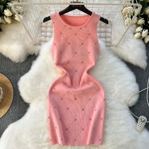 Beading  Summer Women's Knitting Sheath Tank Dress Female Bodycon