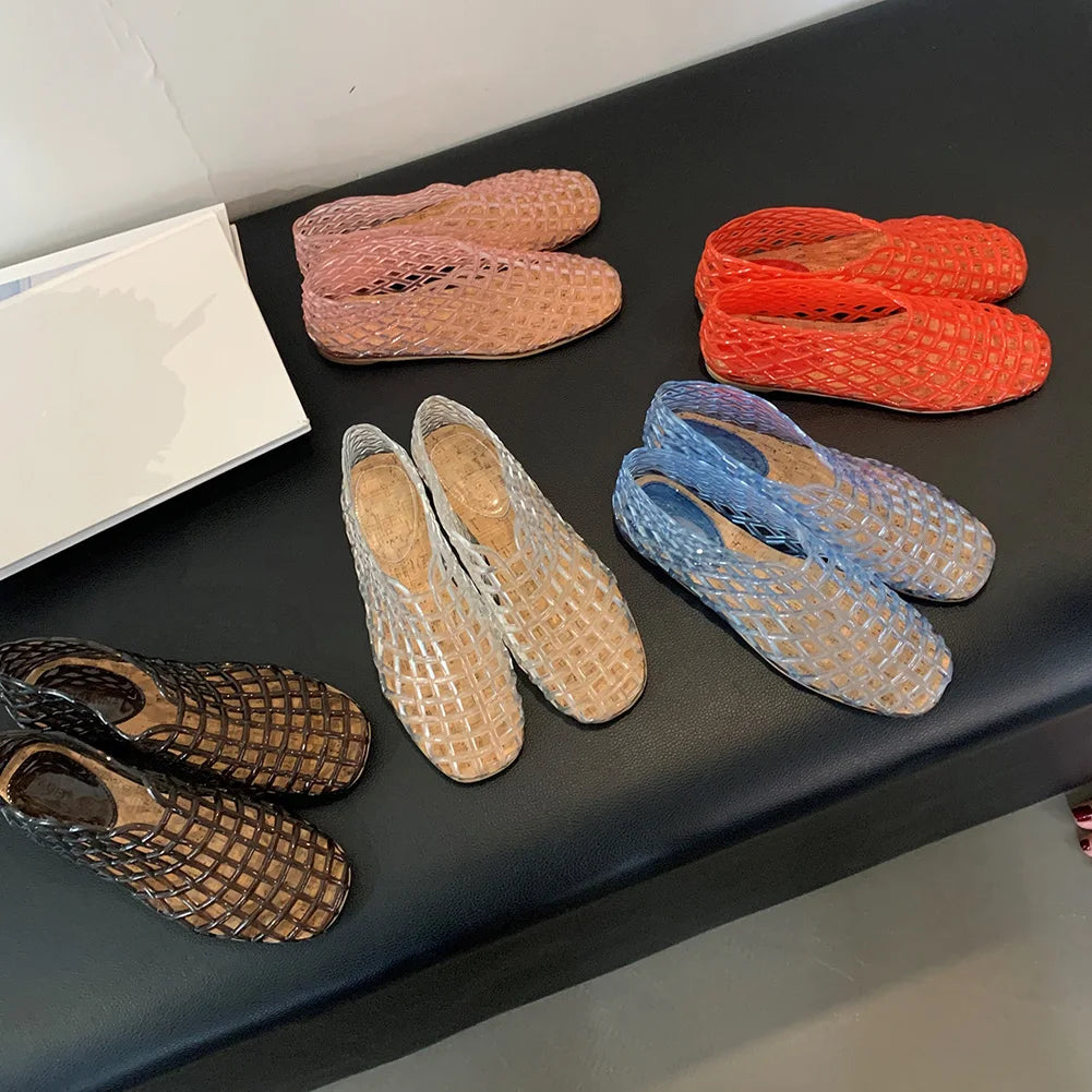 Women Jelly Flats Mesh Ballet Flats Square Toe Hollow Out Ballet Flats