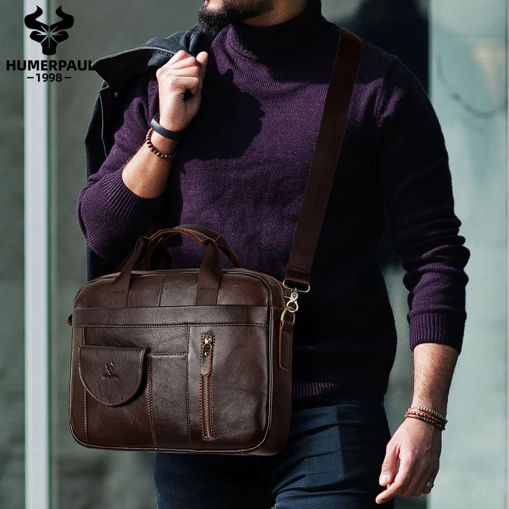 HUMERPAUL Men's Briefcase Bag Top Layer Leather Handcrafted Laptop Bag