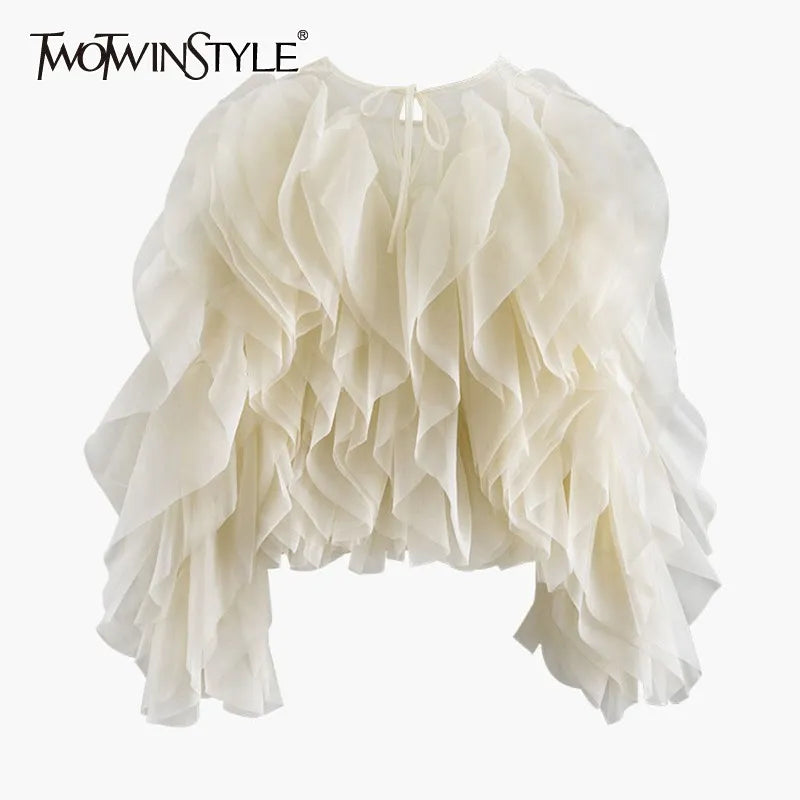 TWOTWINSTYLE Ruffles Shirts For Women O Neck Lantern Sleeve Loose