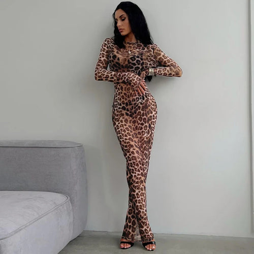 Dress Summer Women Leopard Print Mesh O Neck Long Sleeve Sexy See