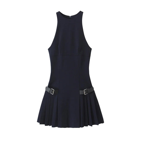 TRZA-Pleated Mini Dress with Side Loops for Women, Halter Neck, Back
