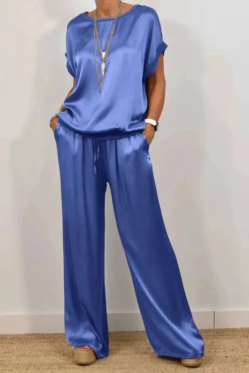 Casual Loose Satin T Shirt Pants Two Piece Sets Women Fashion O-neck