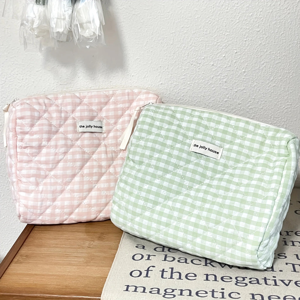 Solid Color Plaid Makeup Bag Travel Cosmetic Pouch Large Soft Cosmetic
