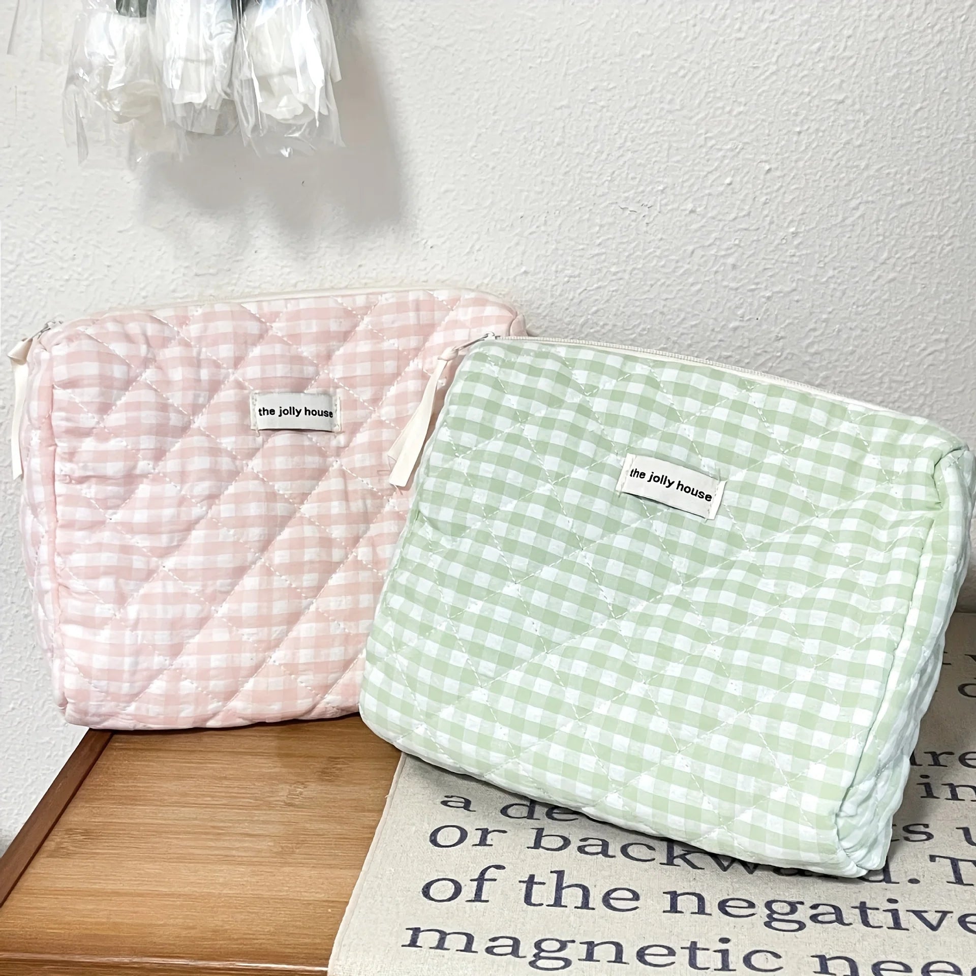 Solid Color Plaid Makeup Bag Travel Cosmetic Pouch Large Soft Cosmetic