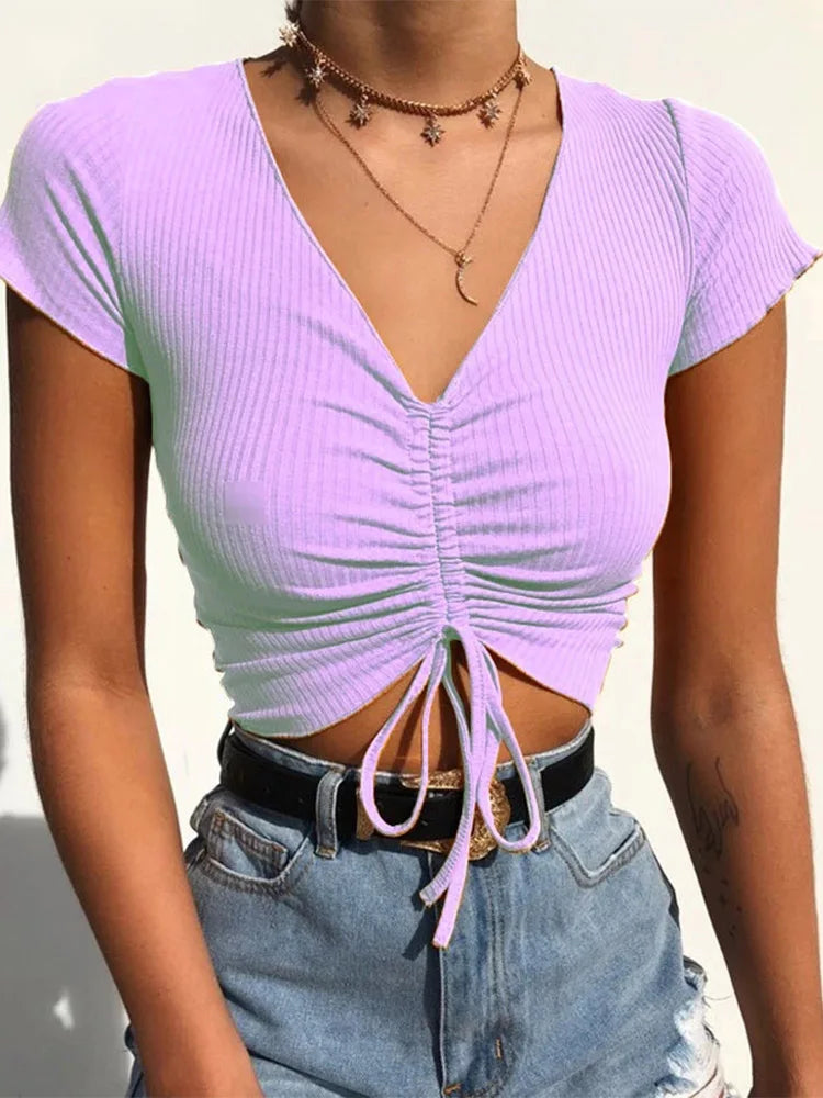 Sexy V Neck Cropped Tank Tops Women Drawstring Tie Up Front Camis
