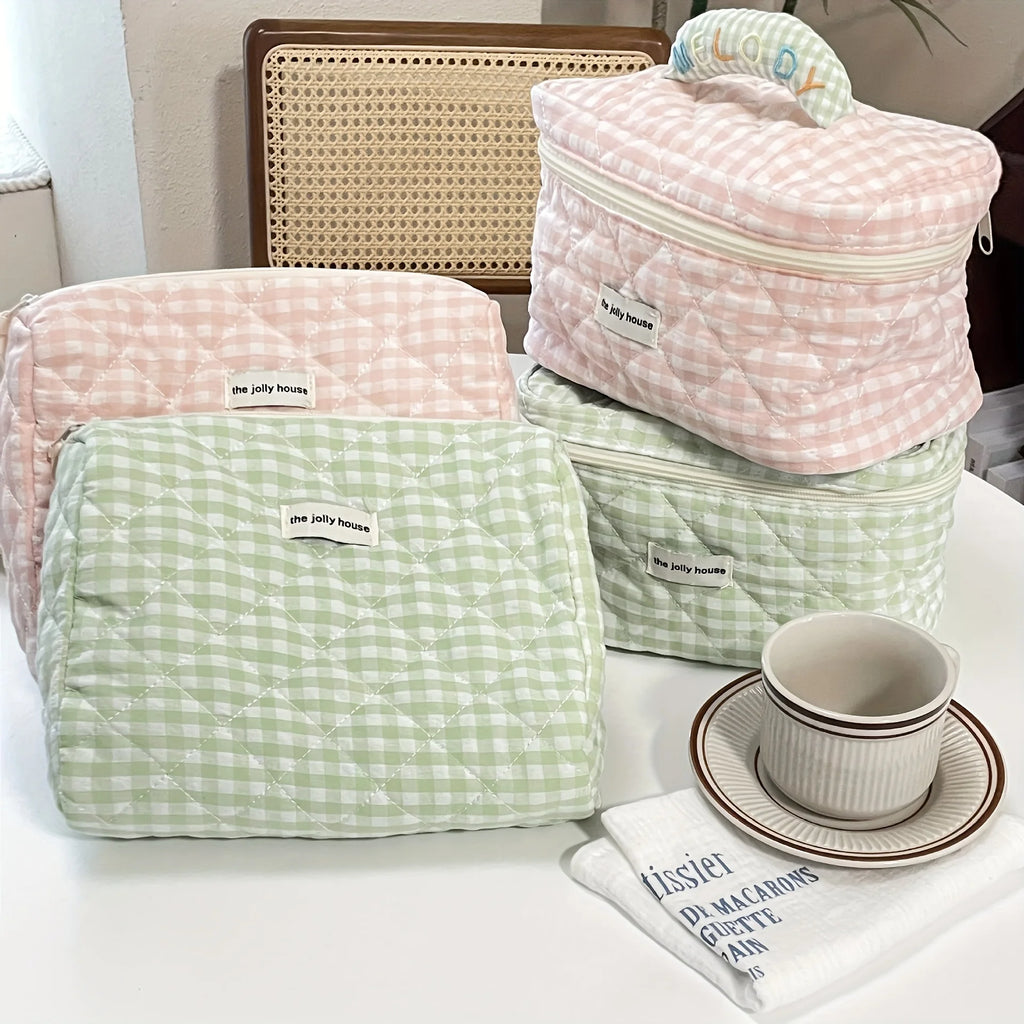 Solid Color Plaid Makeup Bag Travel Cosmetic Pouch Large Soft Cosmetic
