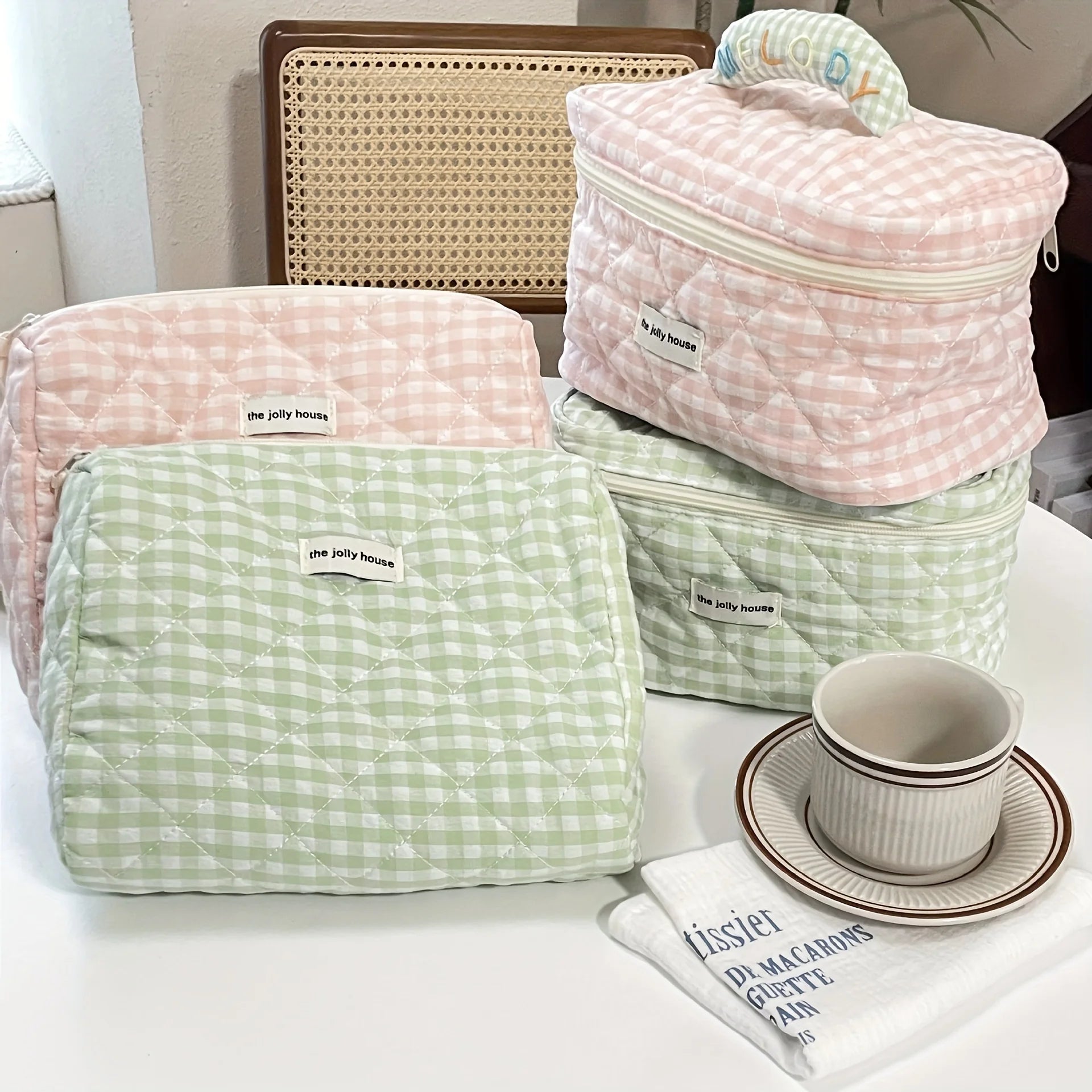 Solid Color Plaid Makeup Bag Travel Cosmetic Pouch Large Soft Cosmetic