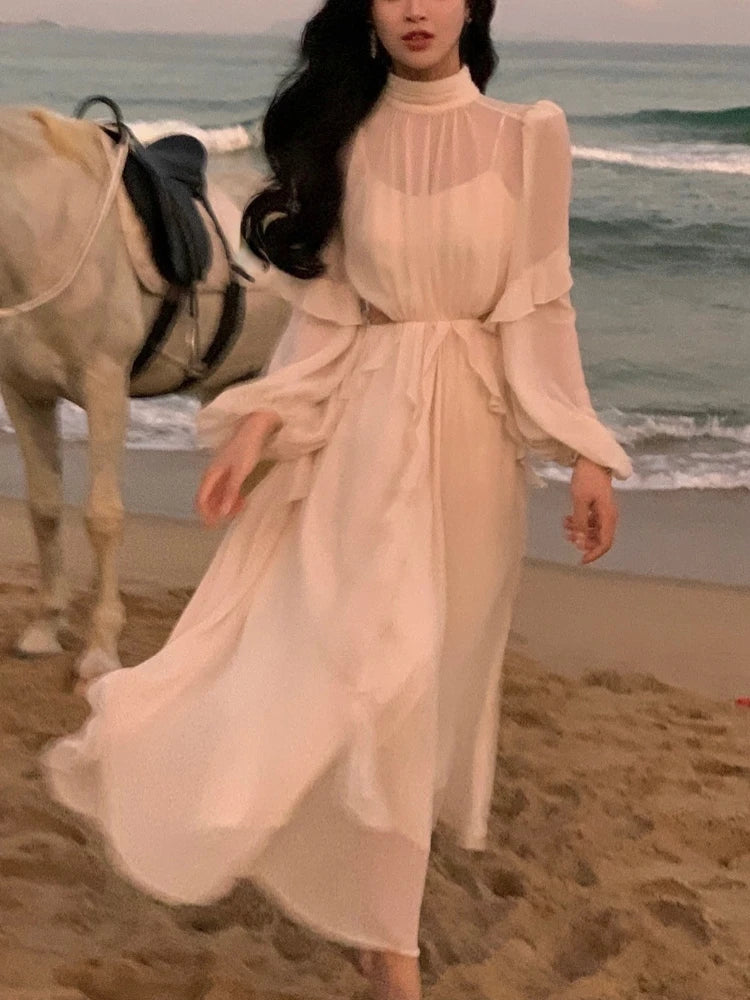 Beach Style Chiffon Y2k Mini Dress Office Lady Casual Long Sleeve